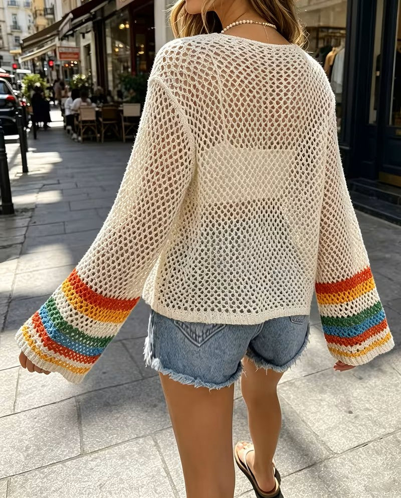 Boho crochet pullover from the Wildflower pattern — flower granny square front panel with airy honeycomb mesh back and sleeves