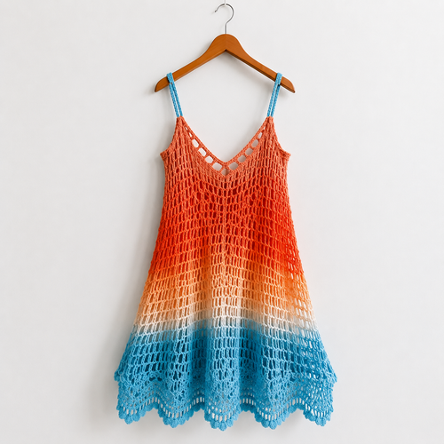 Handmade crochet mini dress in sunset ombré cotton — Sunset Tide pattern with sculpted 3D plumeria blooms and lace hem