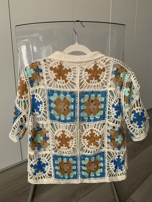 Azure Bloom crochet cardigan pattern — boxy short-sleeve summer cardigan with five-button front and granny square panels