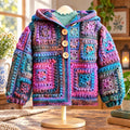 Rainbow Bloom hooded granny-square crochet cardigan in variegated pink, purple and teal yarn with three wooden buttons — front view