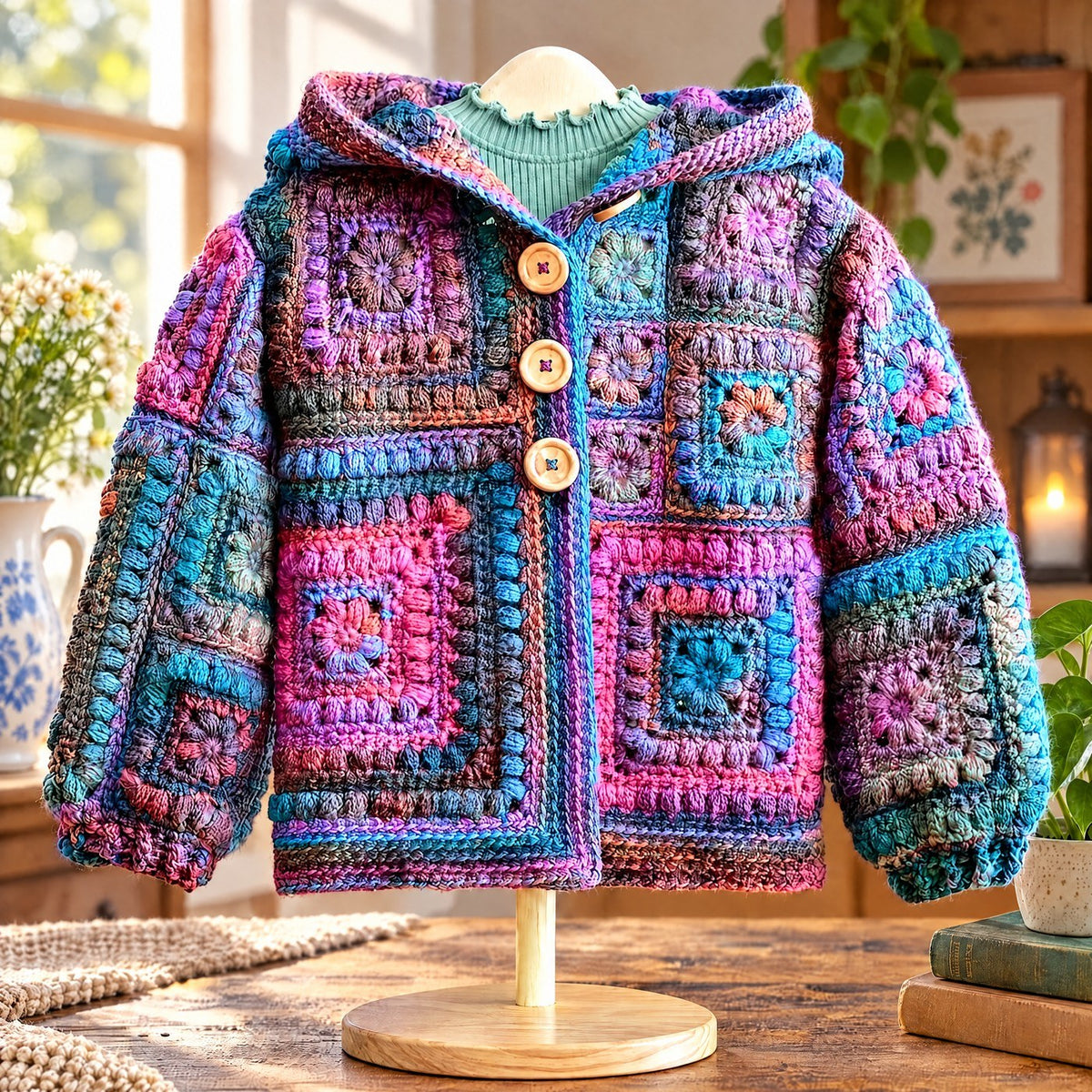 Rainbow Bloom hooded granny-square crochet cardigan in variegated pink, purple and teal yarn with three wooden buttons — front view