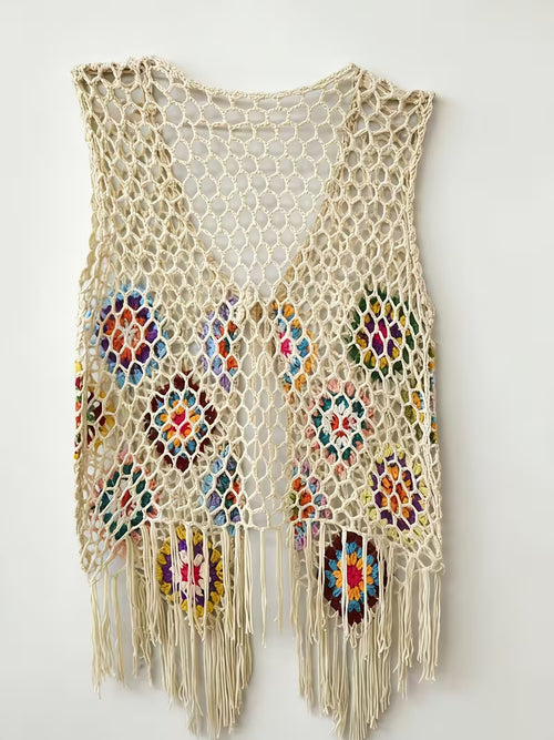 Summer festival outfit idea — handmade granny square crochet vest with knotted lark's-head fringe from The Crochet Studio pattern