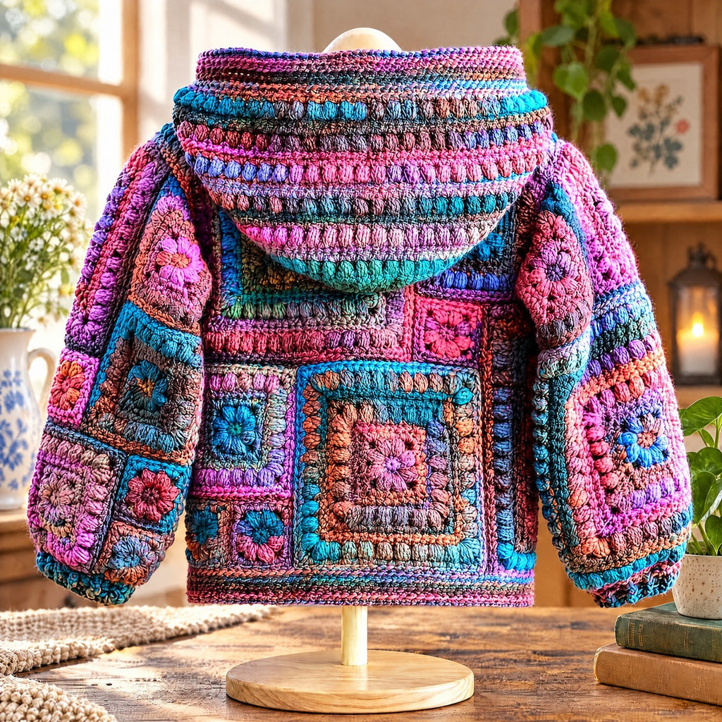 Rainbow Bloom hooded crochet cardigan — back view showing granny squares and textured striped hood