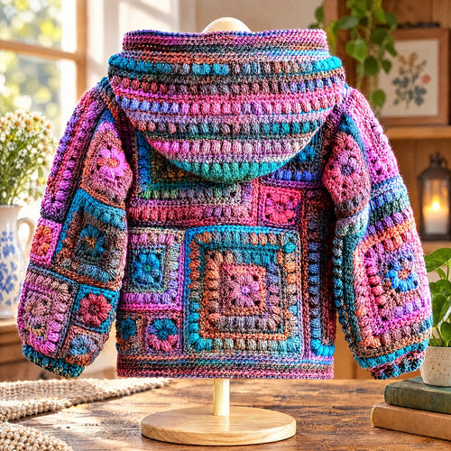 Rainbow Bloom hooded crochet cardigan — back view showing granny squares and textured striped hood