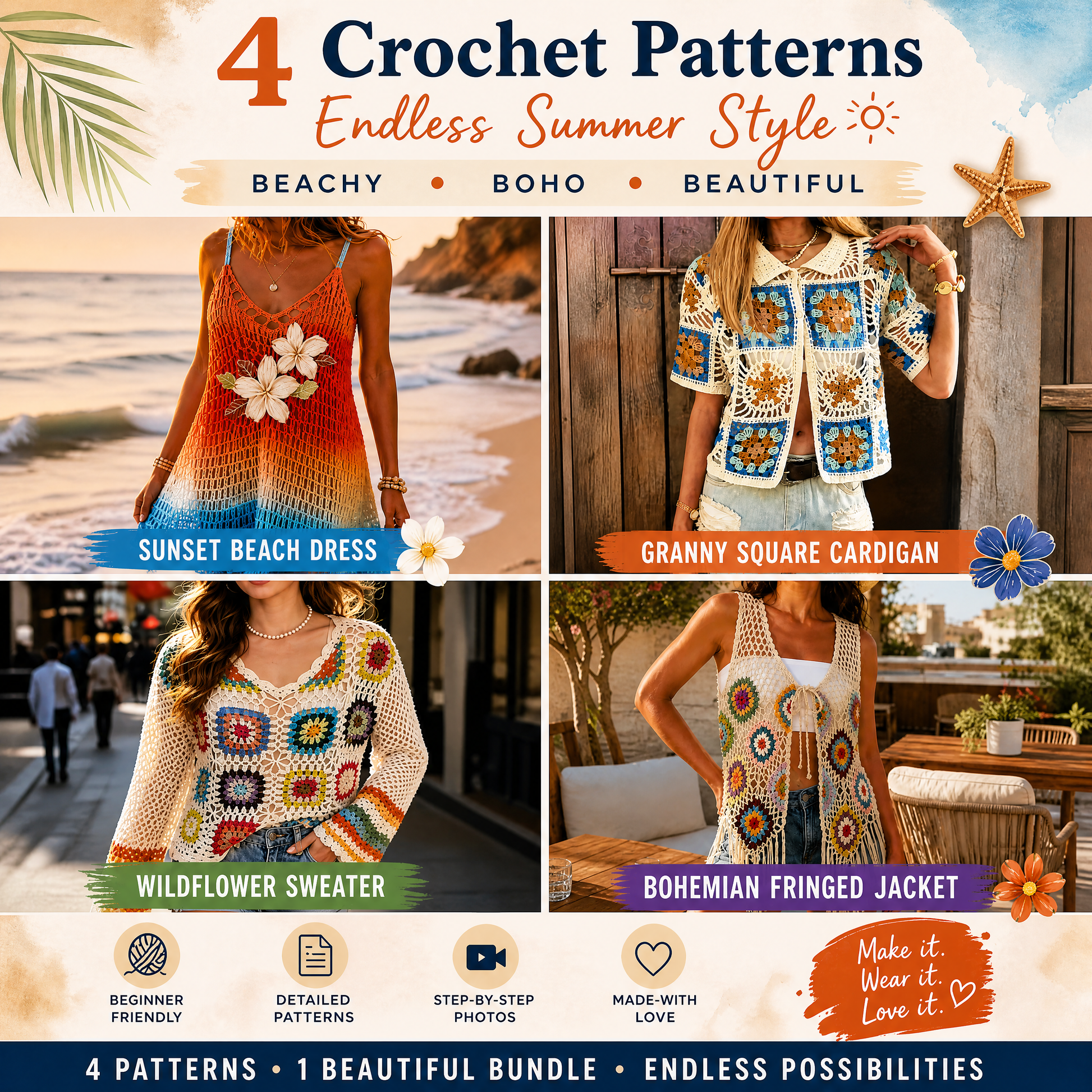 4 crochet patterns bundle — Endless Summer Style: Sunset Beach Dress, Granny Square Cardigan, Wildflower Sweater, Bohemian Fringed Jacket