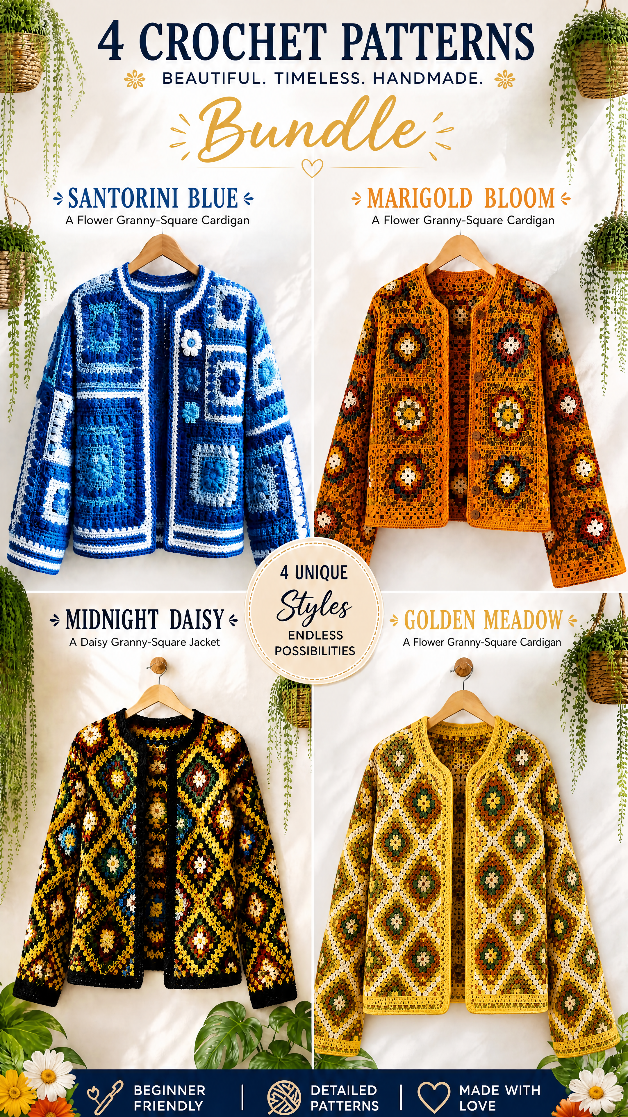 Boho Granny-Square Cardigans — 4 Crochet Pattern Bundle (PDF)