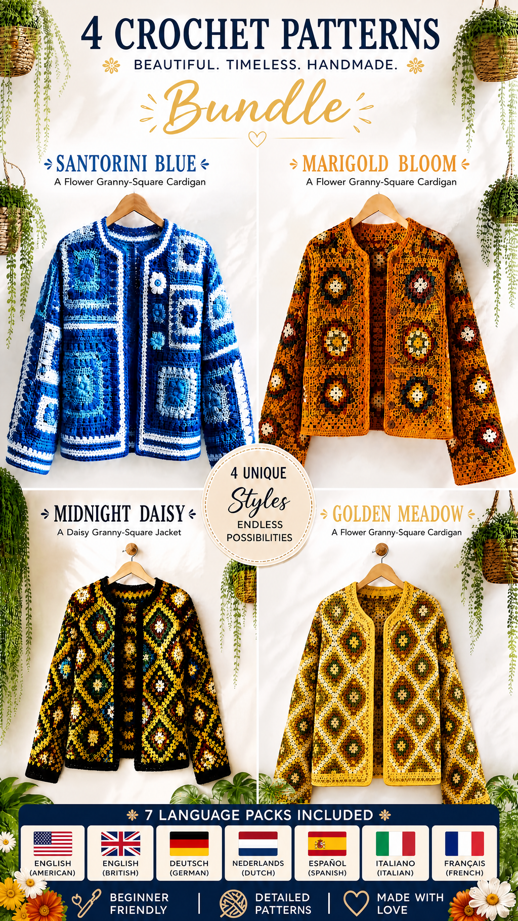 Boho Granny-Square Cardigans — 4 Crochet Pattern Bundle (PDF)