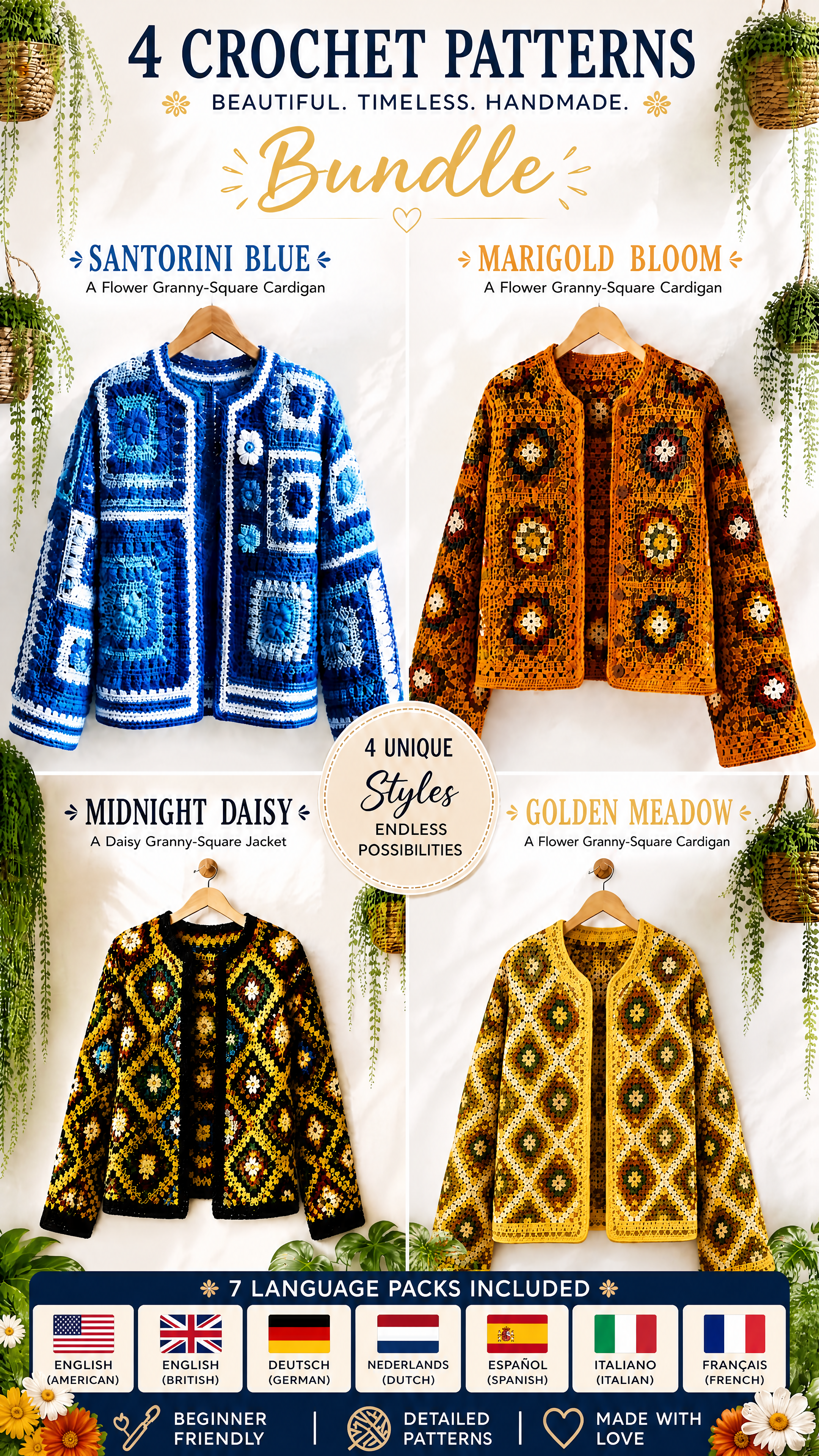 Boho Granny-Square-Cardigans — 4er-Bundle Häkelanleitungen (PDF)