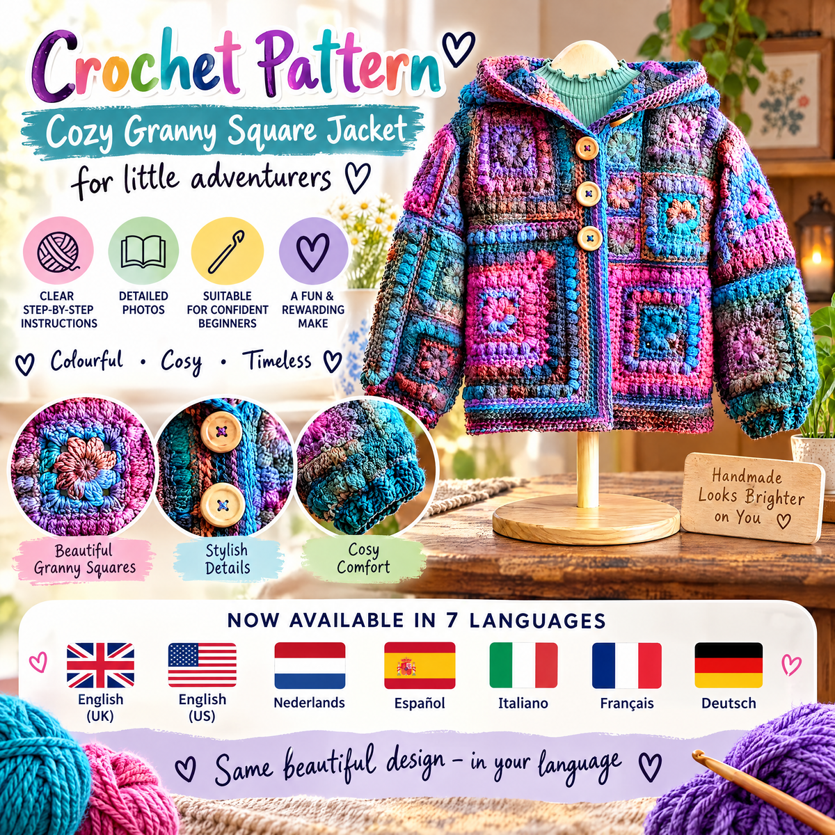 Rainbow Bloom Hooded Cardigan — Crochet Pattern in 6 Languages (PDF)