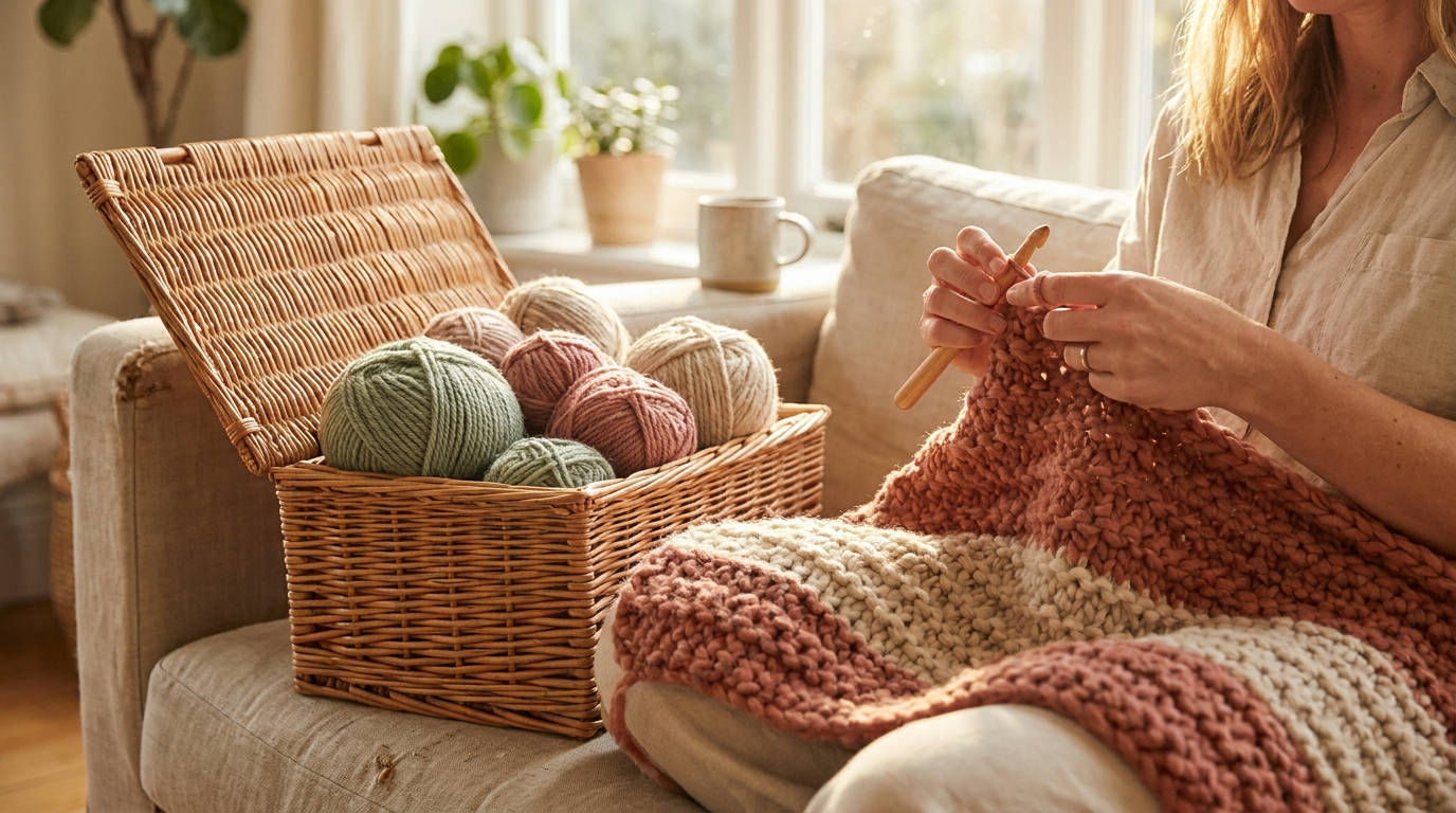 Hands crocheting a chunky terracotta and cream blanket in a cozy sunlit living room