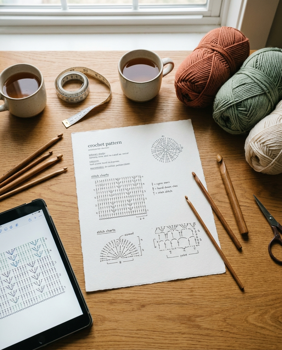 Overhead flat lay of a crochet designer workspace with printed pattern charts, hooks and yarn